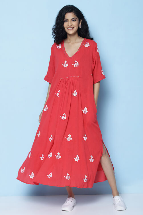 Red Cotton A Line Fusion Wear Dress image number 0