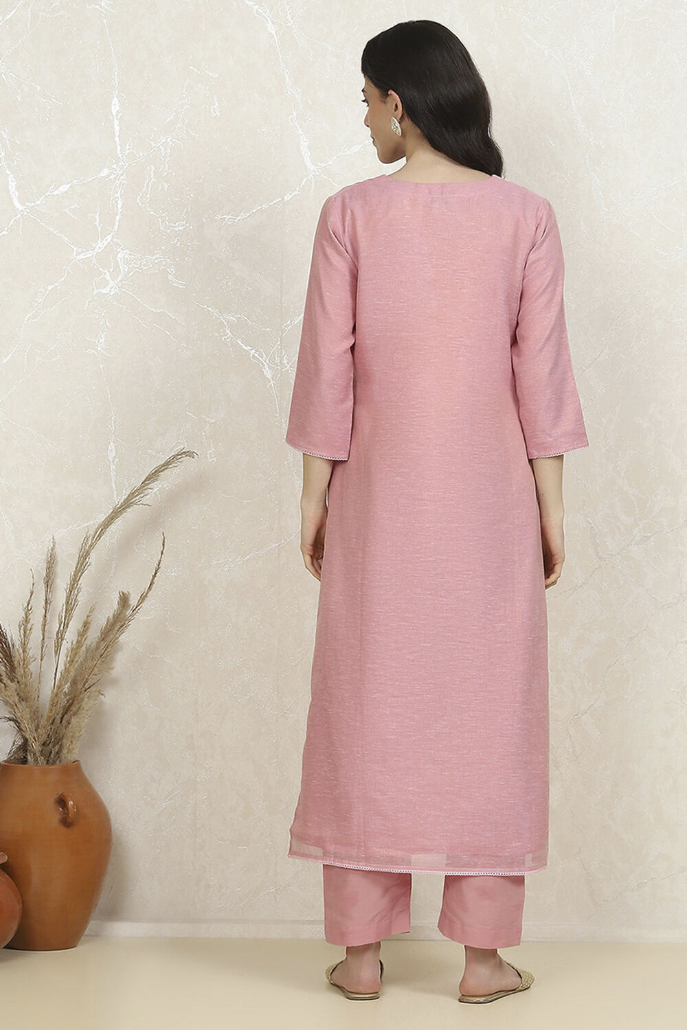 Pink Tissue Hand Embroidered Unstitched Suit Set image number 5