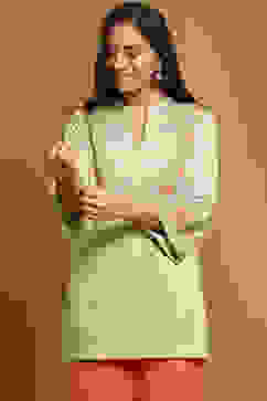 Mint Green Knit Printed Straight Winter wear Short Kurta image number 1