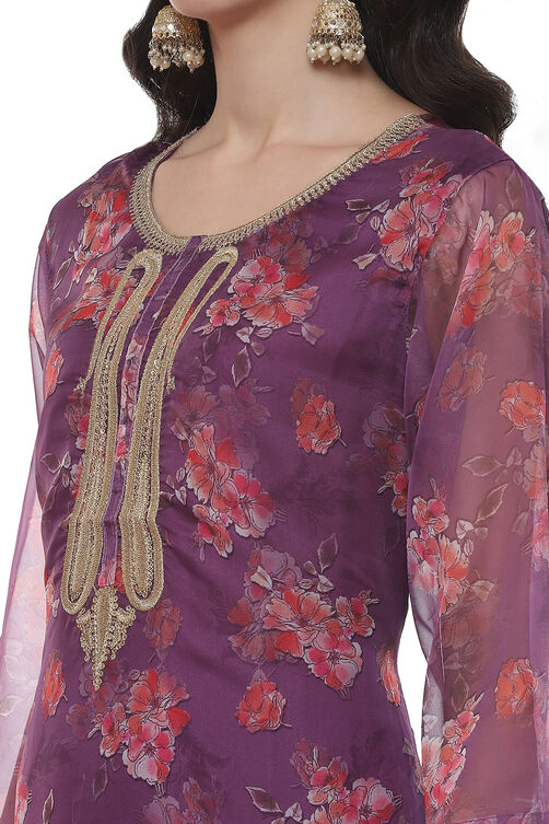 Purple Organza Digital Print Unstitched Suit Set image number 2