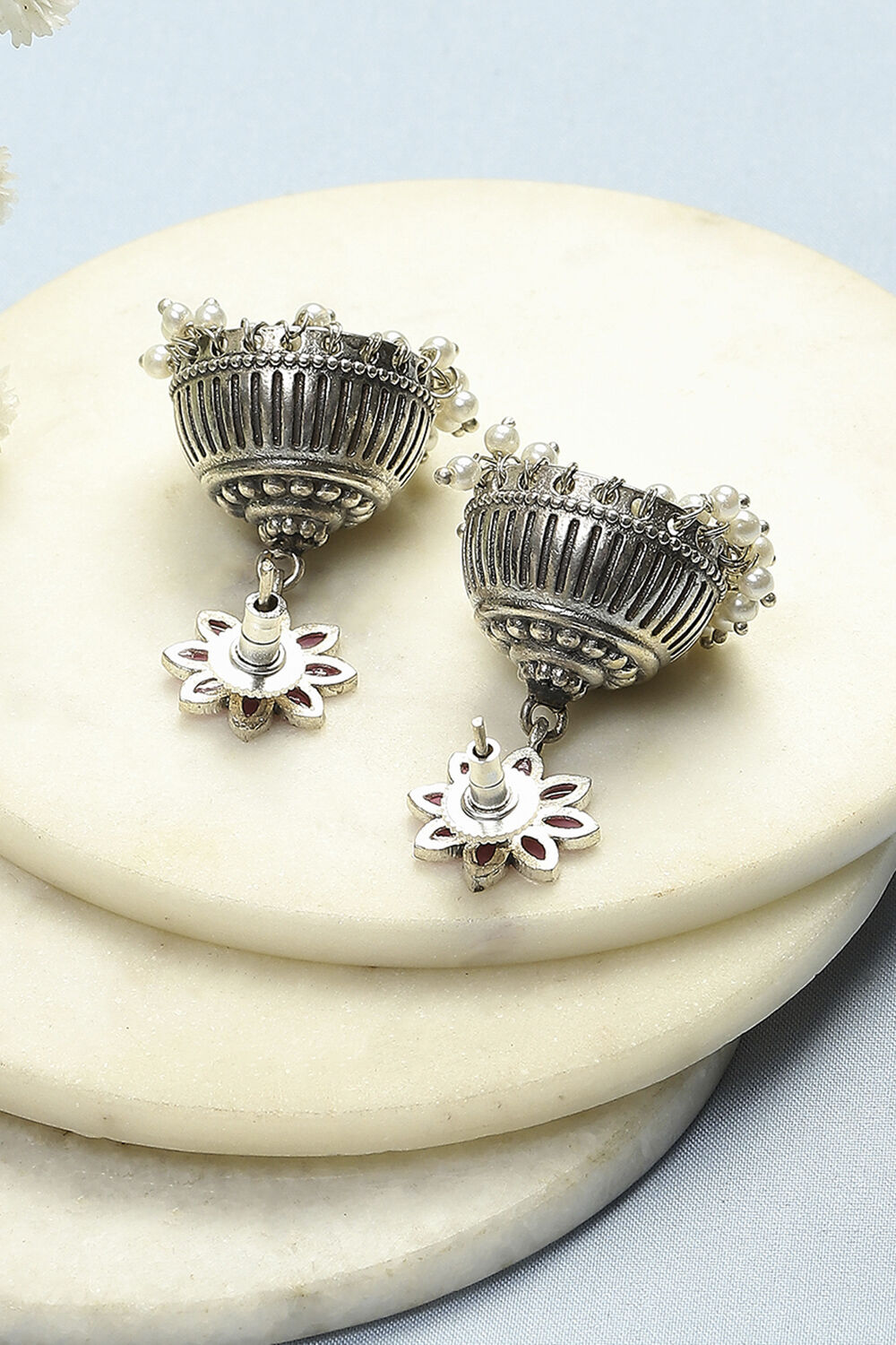 Pink Oxidised Floral Jhumkas image number 2