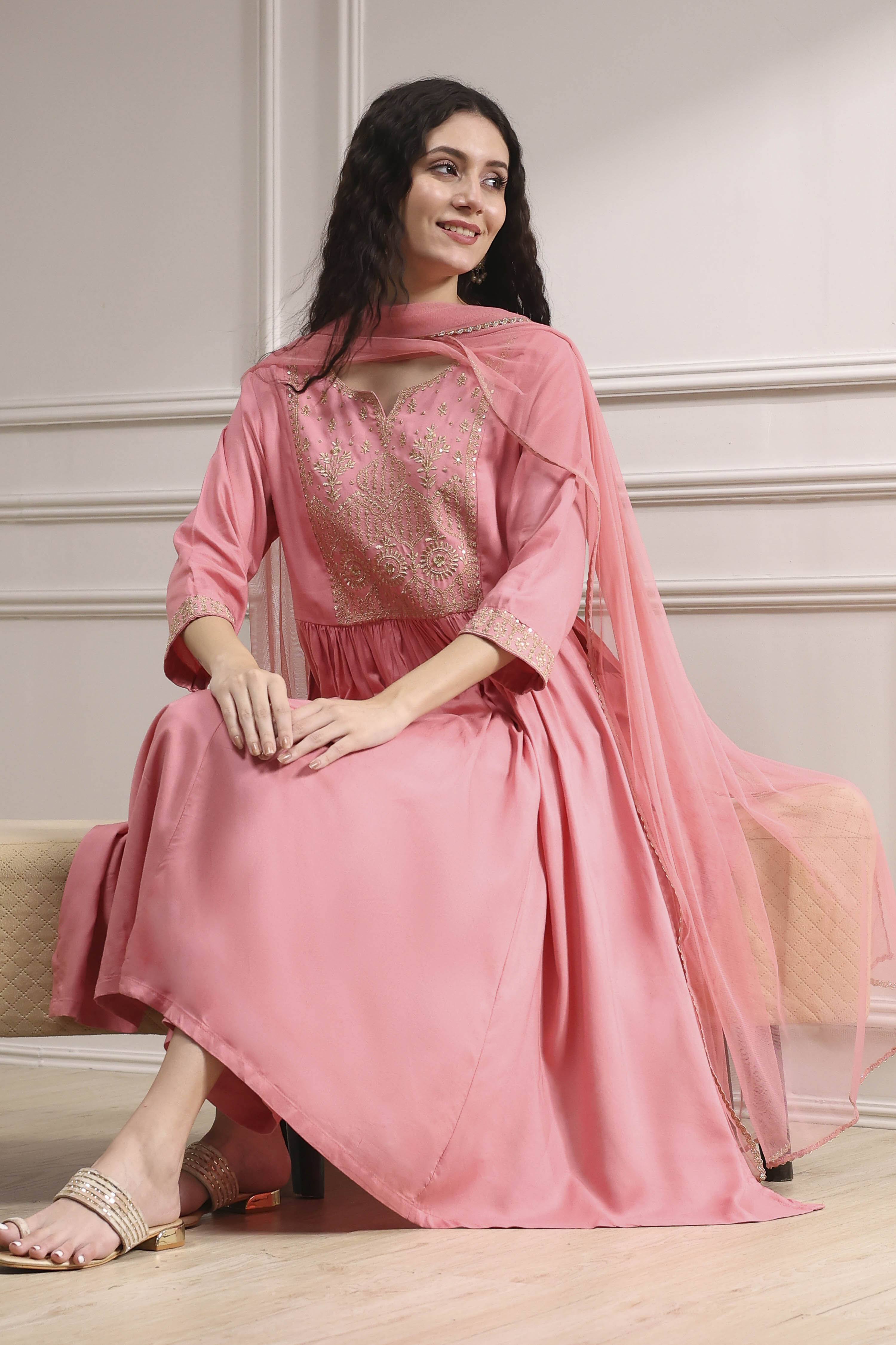 Black Embroidered Gathered Suit Set image number 0