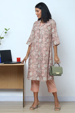 Peach Art Silk Straight Kurta Relaxed Pant Suit Set image number 2