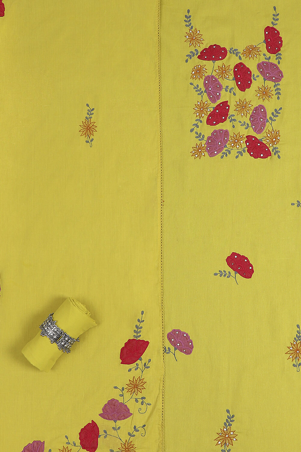 Yellow Cotton Applique Unstitched Suit Set image number 1