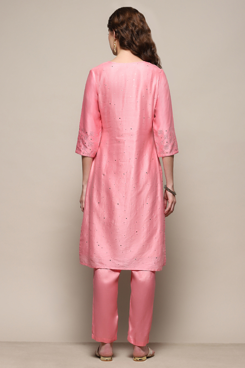 Pink Yard-Dyed Chanderi Kurta & Pants Suit Set image number 5