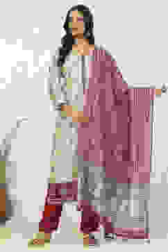 Red Silk Blend Digital Print Unstitched Suit Set image number 1