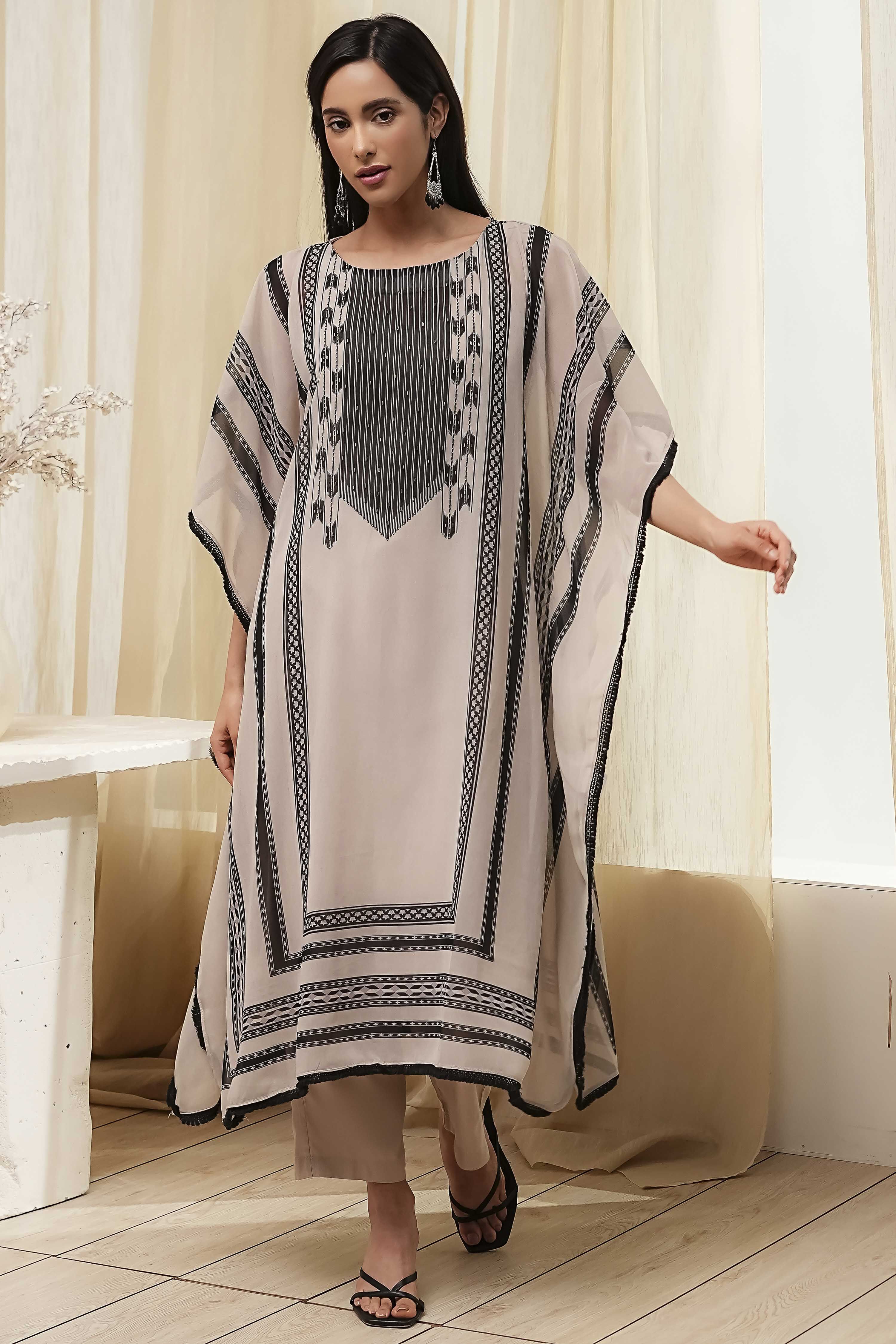 Beige and Black Printed Kaftan-Style Kurta Set image number 5