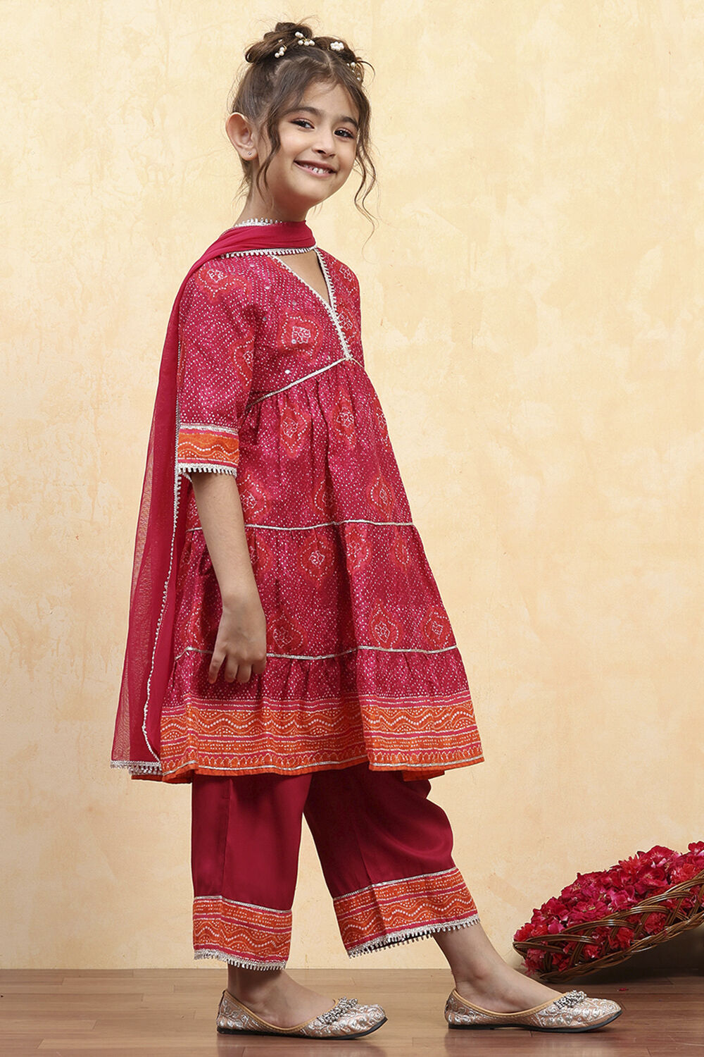 Pink Cotton Printed Tiered Suit Set image number 5