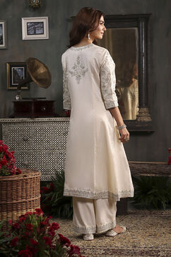 Off White Cotton Silk Anarkali Suit Set image number 4