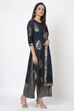 Navy Blue Cotton Straight Kurta Flared Palazzo Suit Set image number 2