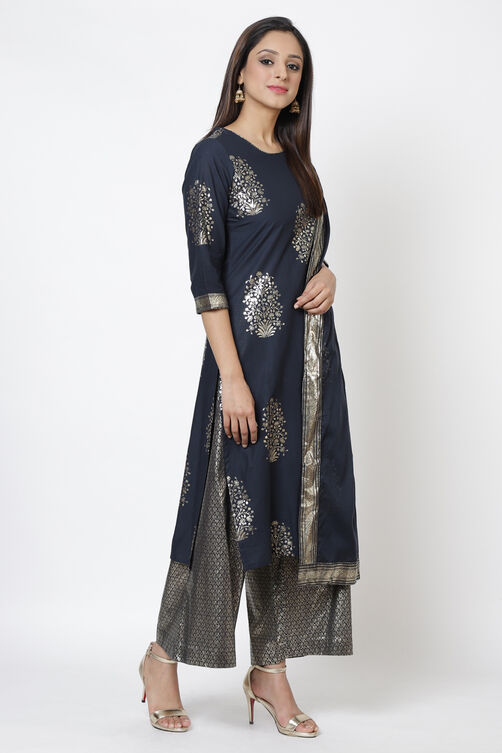 Navy Blue Cotton Straight Kurta Flared Palazzo Suit Set image number 2