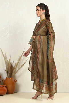 Olive Green Chanderi Floral Printed Unstitched Suit Set image number 2