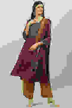 Maroon and Green Viscose Flared Kurta Palazzo Suit Set image number 3