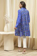 Blue Cotton Printed Shirt-Style Tiered Kurta image number 3
