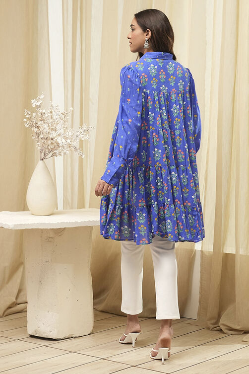 Blue Cotton Printed Shirt-Style Tiered Kurta image number 3