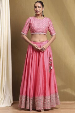Coral Cotton Blend Embroidered Lehenga Set image number 6