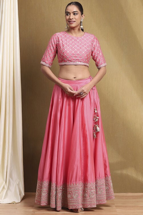 Coral Cotton Blend Embroidered Lehenga Set image number 6