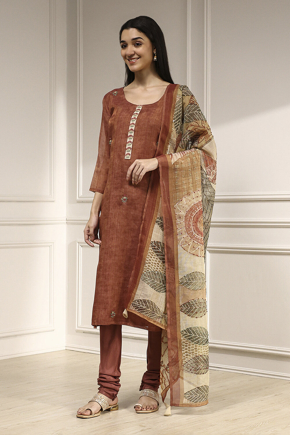 Rust Linen Blend Hand Embroidered Unstitched Suit Set image number 4