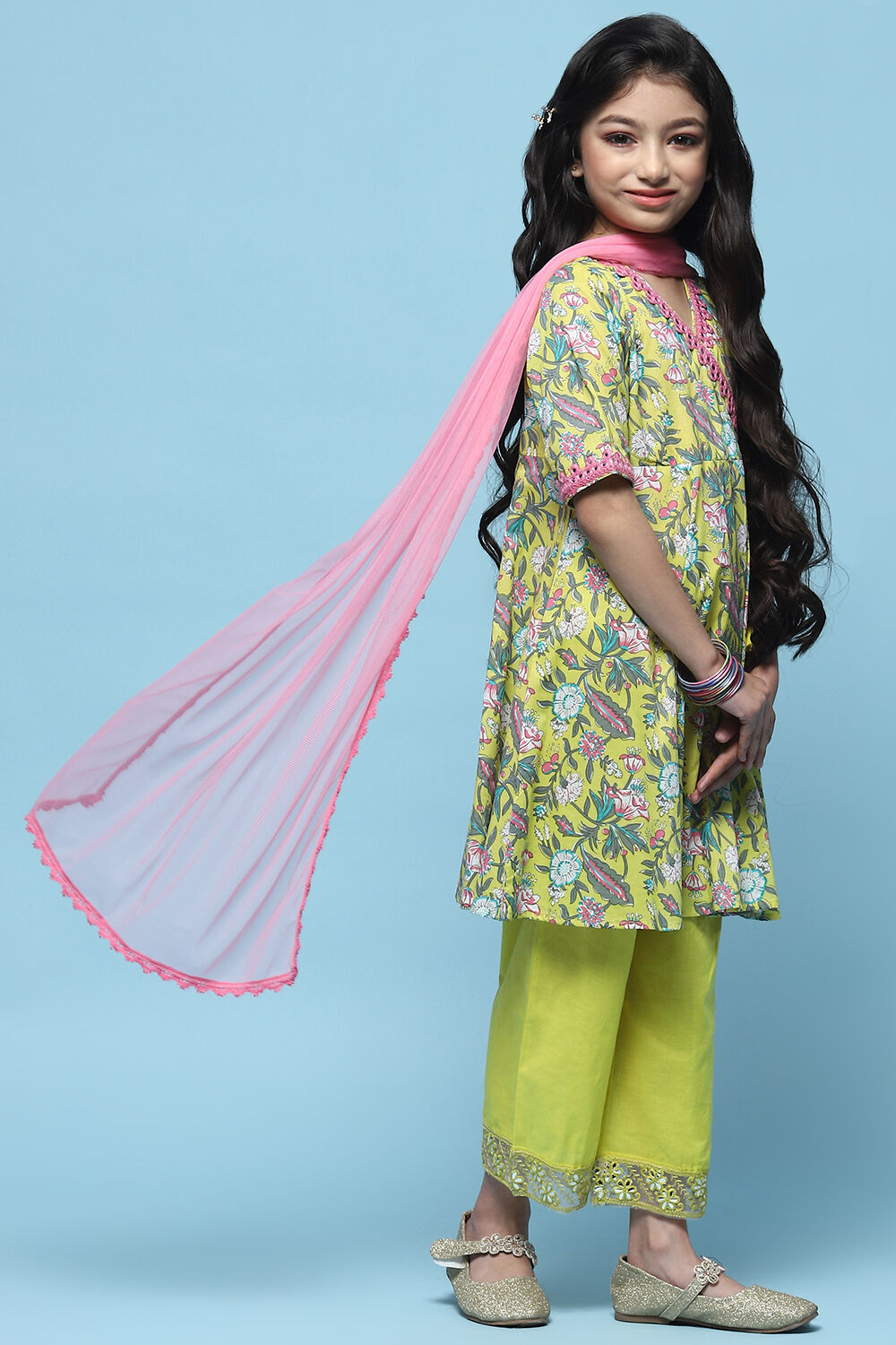 Yellow Cotton Printed Angrakha Flared Suit Set image number 5