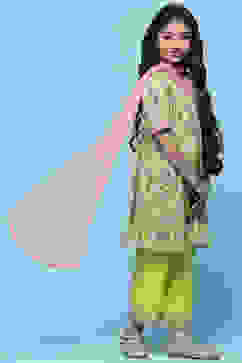 Yellow Cotton Printed Angrakha Flared Suit Set image number 5