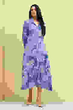 Blue Floral Printed Shirt Style A-line Dress image number 5