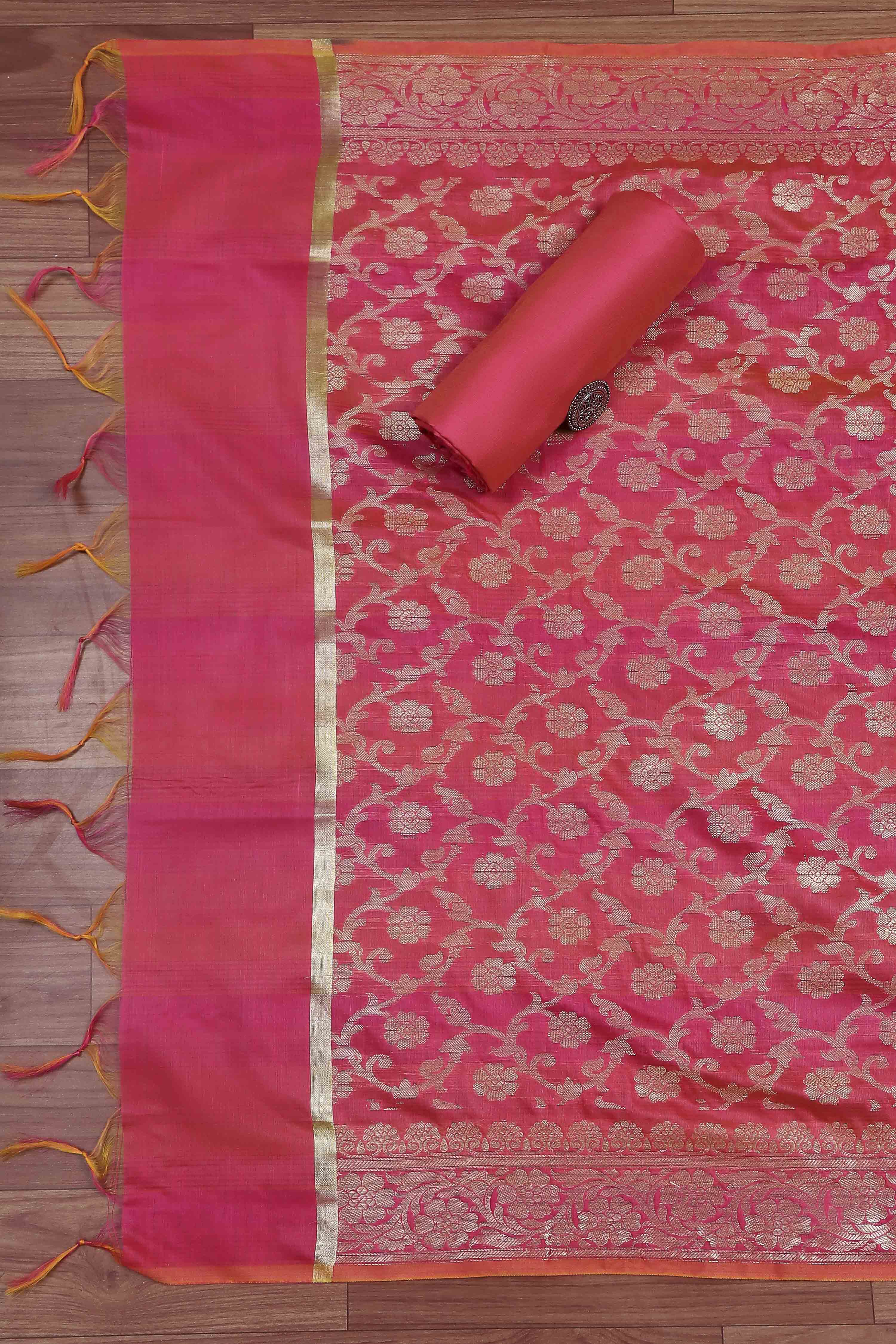 Pink Banarasi Chanderi Banarasi Print Unstitched Suit Set image number 3