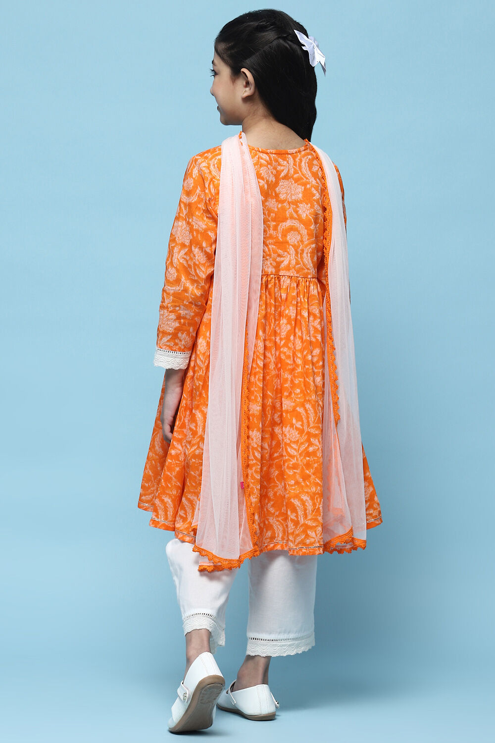 Orange Cotton Printed Flared Kurta White Palazzo & Dupatta image number 5