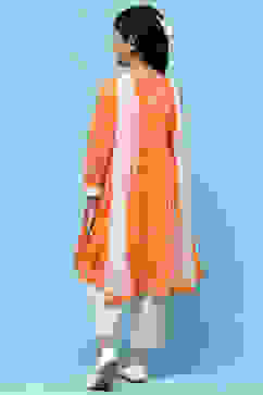 Orange Cotton Printed Flared Kurta White Palazzo & Dupatta image number 5