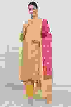 Yellow Silk Blend Printed Unstitched Suit Set image number 1