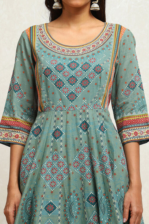 Ecru Cotton Geometric Printed Anarkali Suit Set image number 1