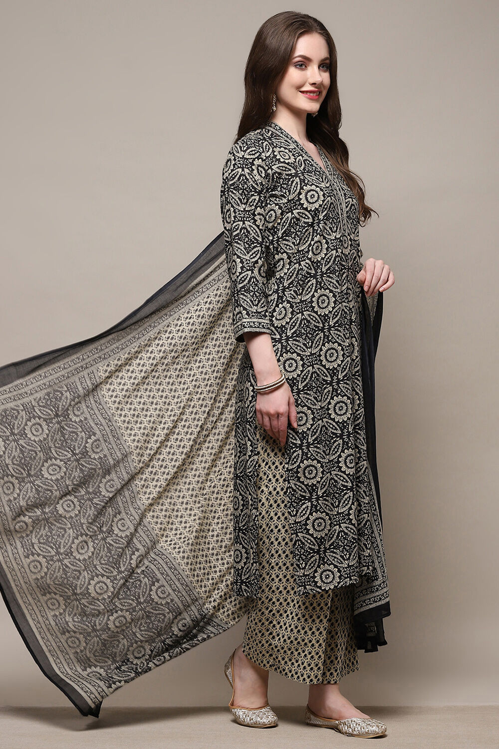 Blue Cotton Floral Screen Printed Unstitched Suit Set image number 7