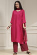 Pink Embroidered Straight Suit Set image number 6