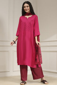 Pink Embroidered Straight Suit Set image number 6