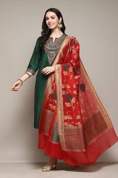 Green & Red Poly Viscose Straight Kurta Slim Pant Suit Set image number 0