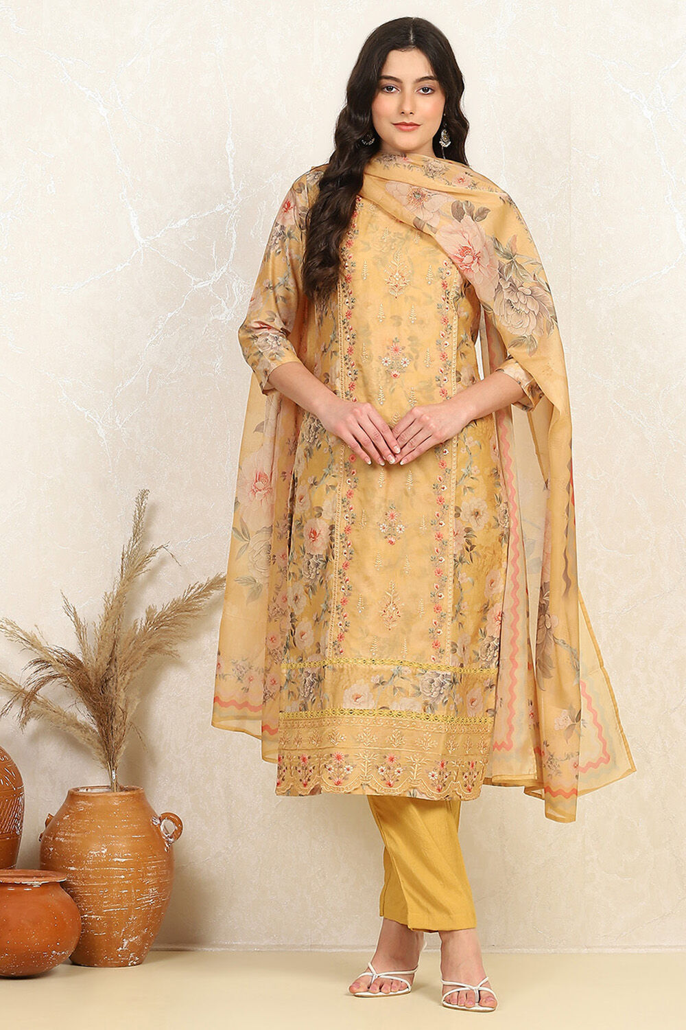 Orange Muslin Unstitched Suit Set image number 1