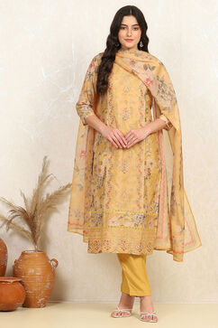 Yellow Muslin Unstitched Suit Set image number 1