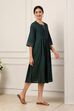 Green Cotton Solid Pleated A-Line Dress image number 3