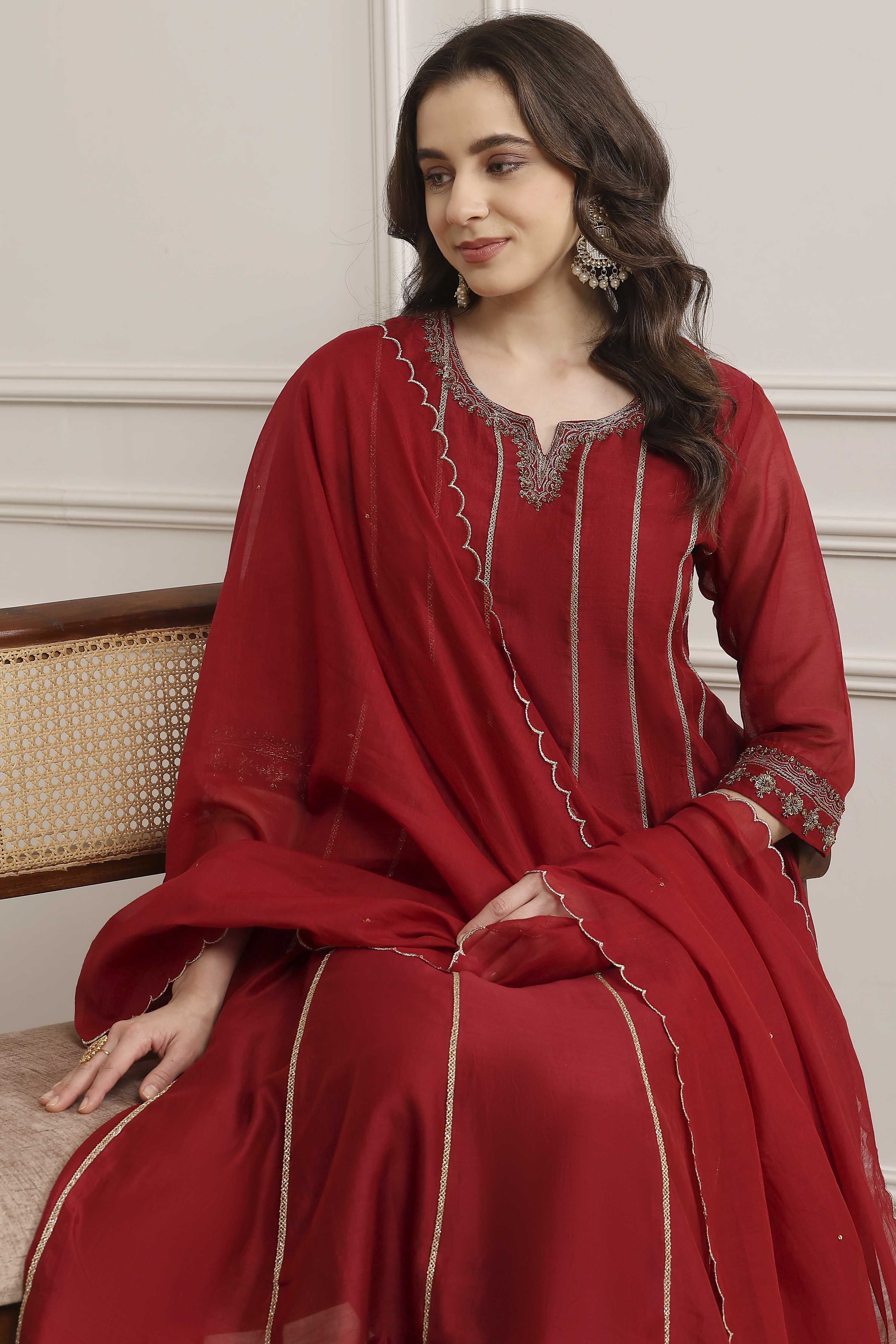 Red Chanderi Kalidar Dyed Suit Set image number 0