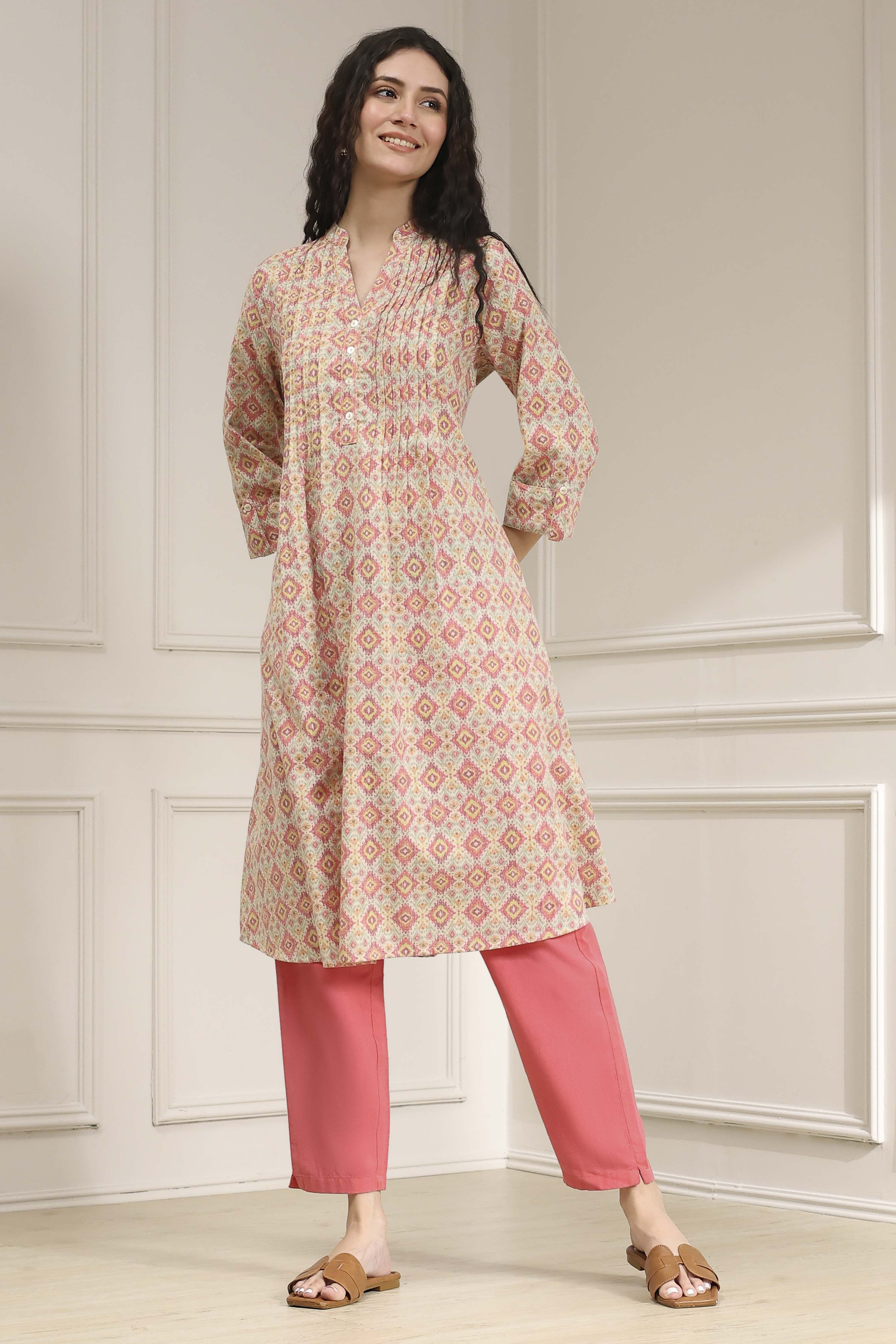 Blue Cotton Printed A-Line Kurta image number 5
