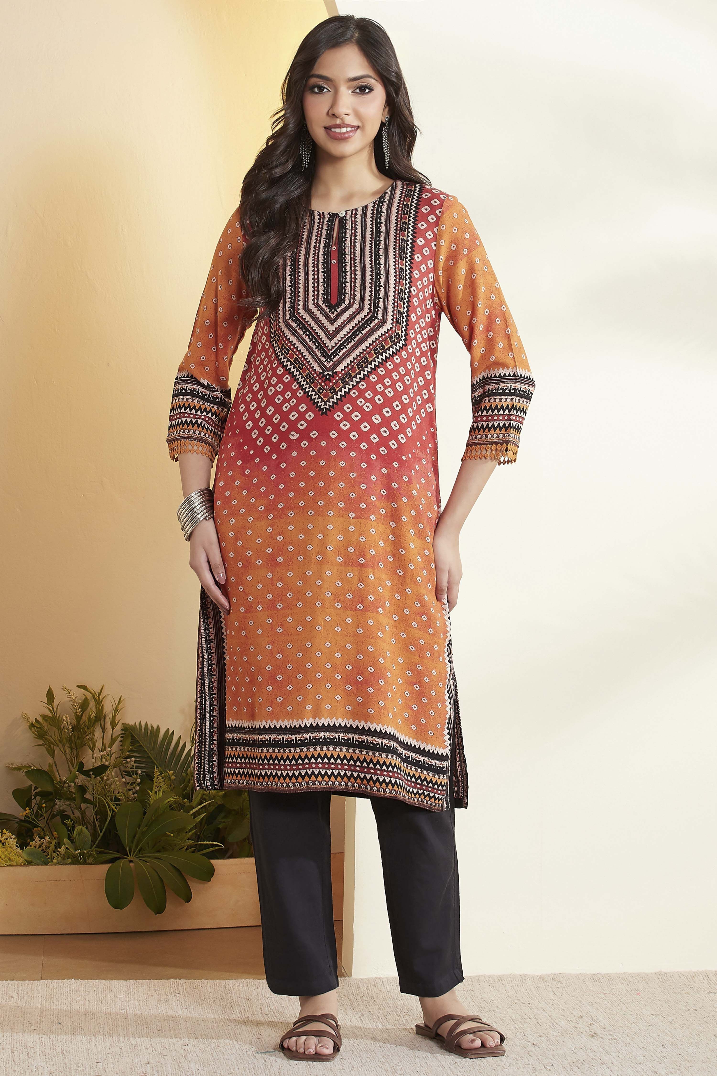 Rust Viscose Rayon Geometric Printed A-Line Kurta image number 6