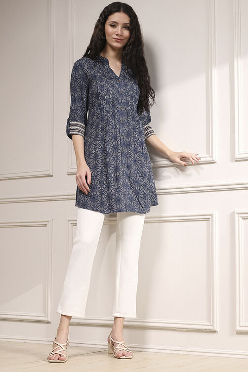 Blue Viscose Rayon Relaxed Printed Kurta image number 0