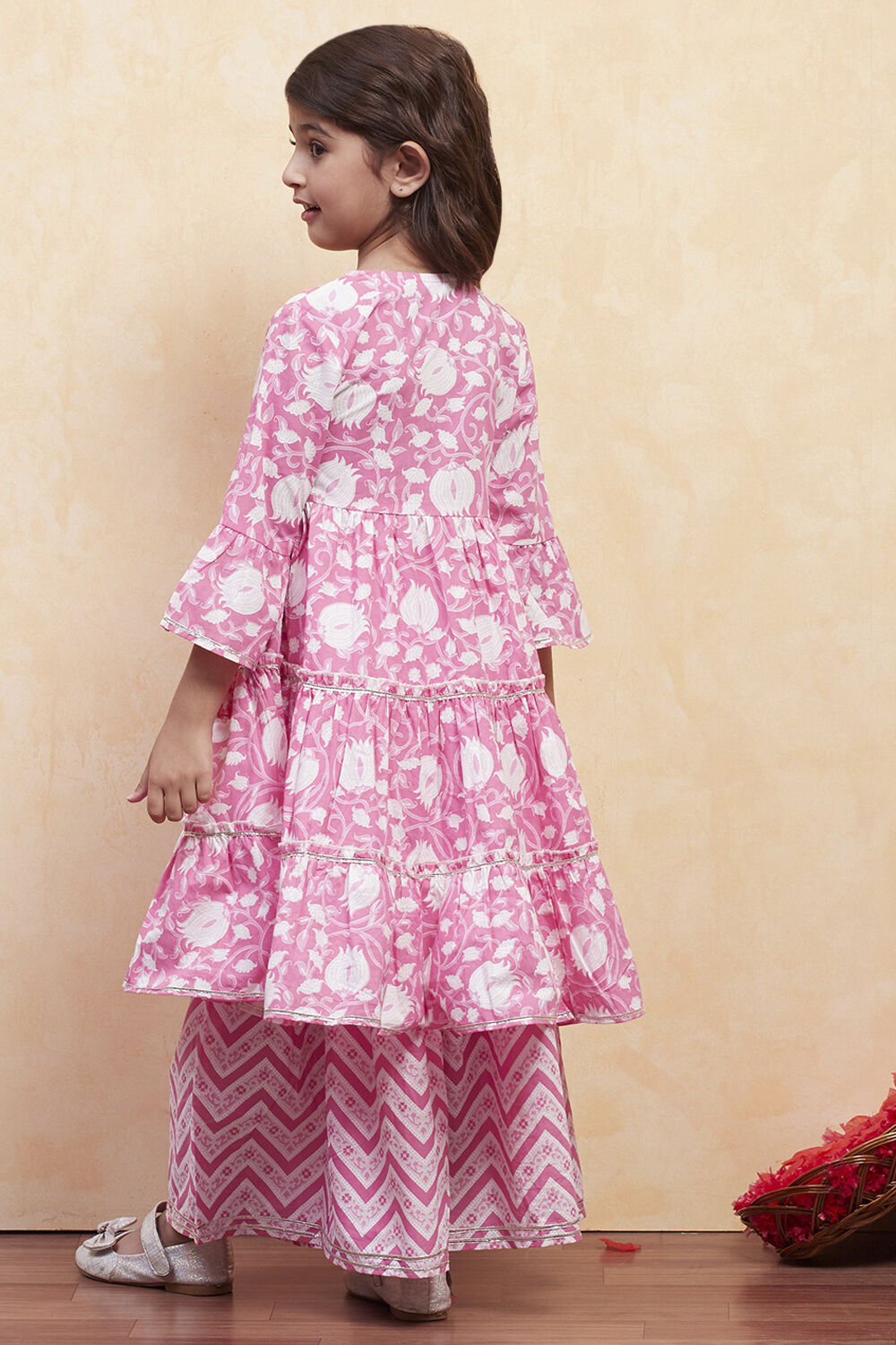 Pink Cotton Angrakha Tiered Kurta Set image number 4