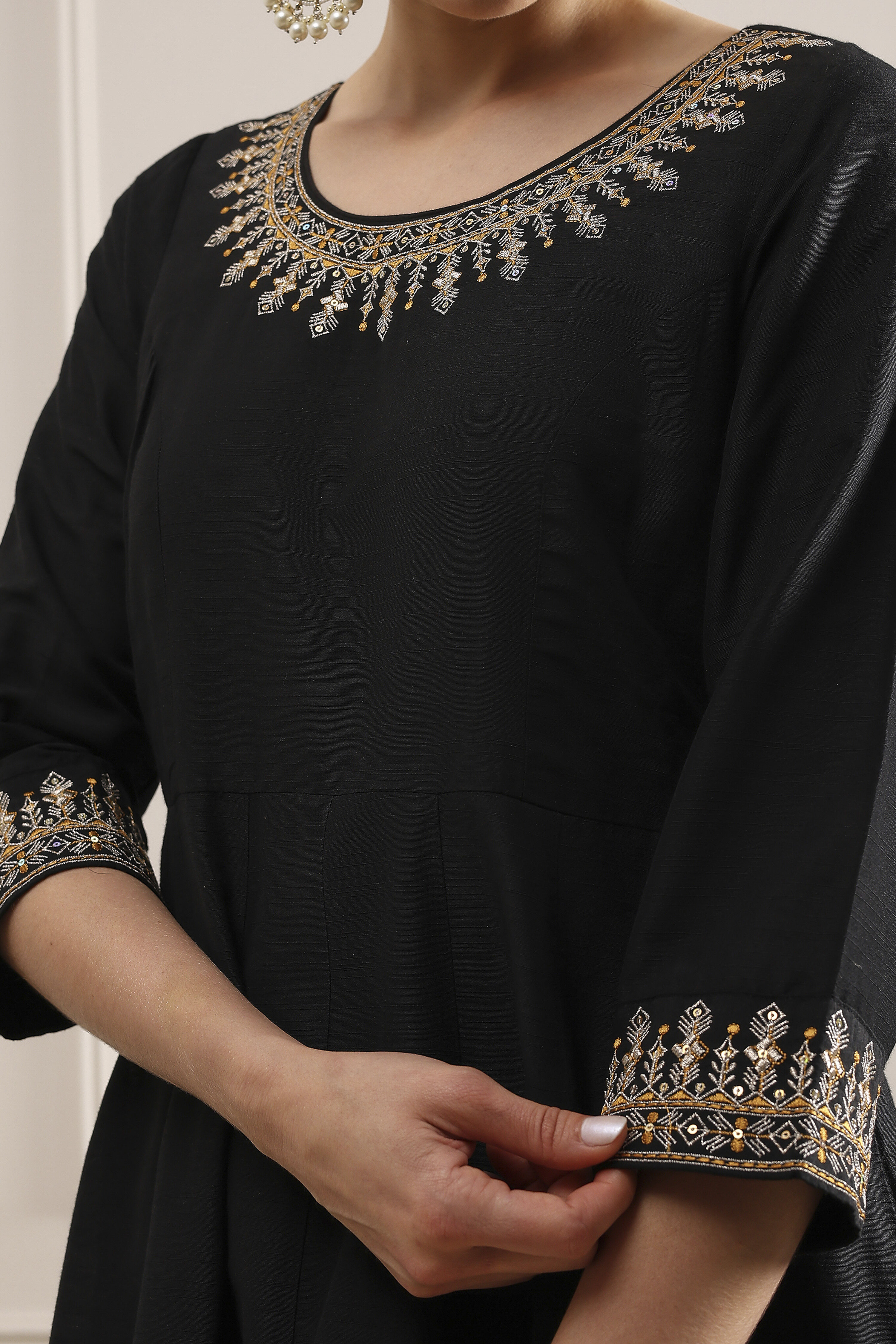 Black Solid Art Silk Anarkali Suit Set image number 1