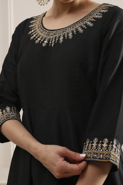 Black Solid Art Silk Anarkali Suit Set image number 1