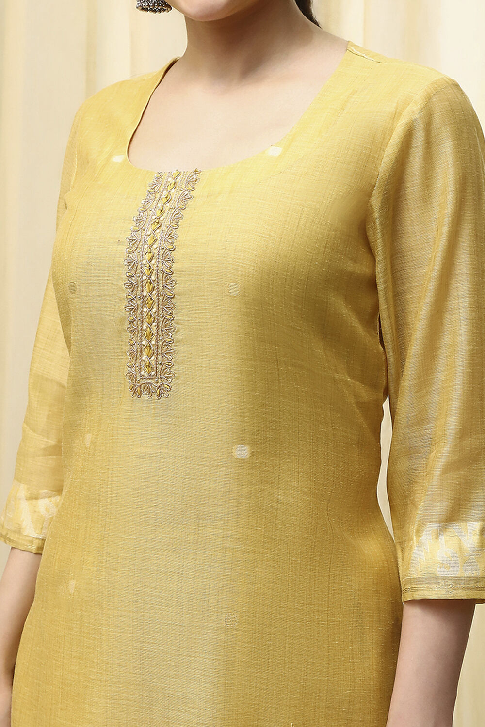 Mustard Chanderi Jamdani Unstitched Suit Set image number 2