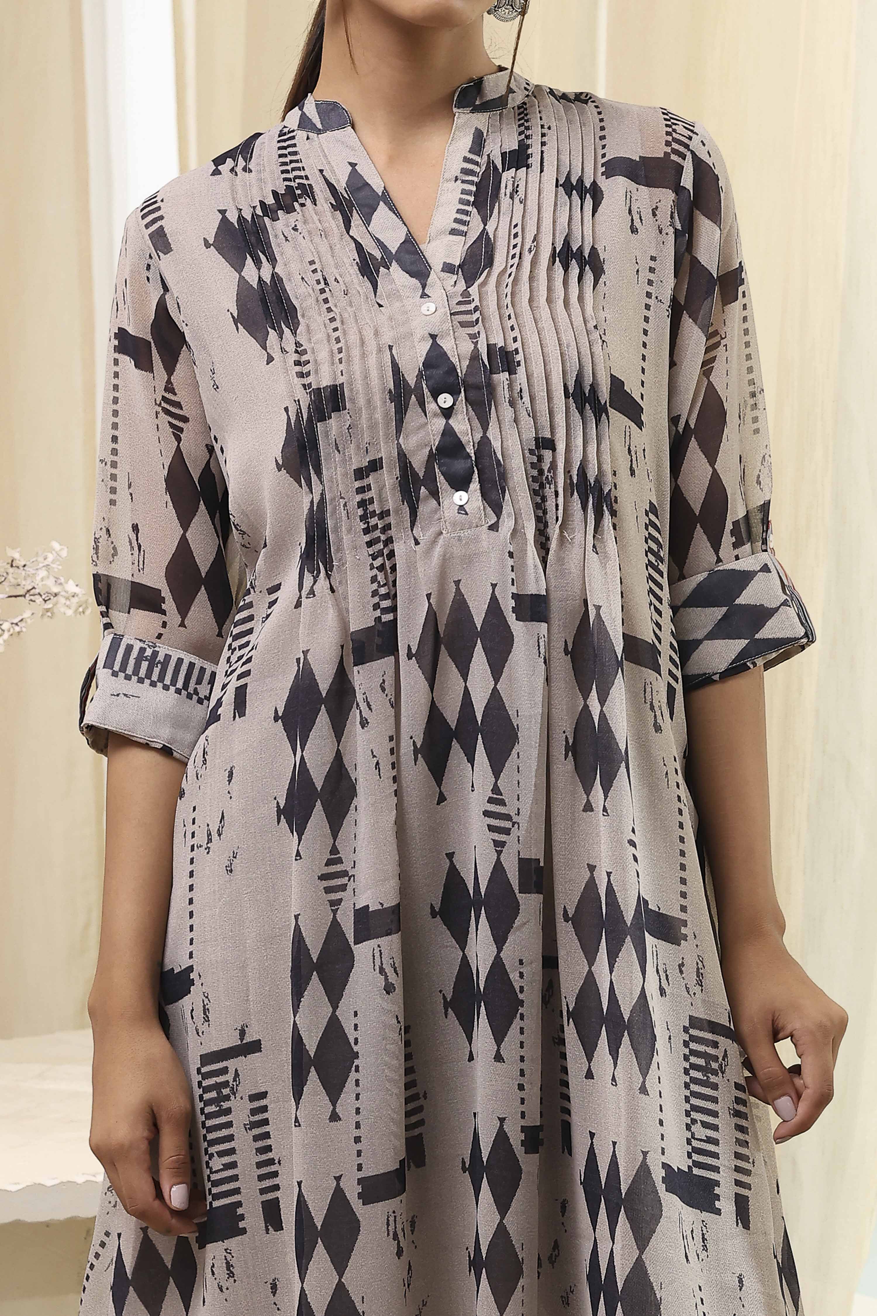 Grey Printed Pleated A-Line Kurta image number 1