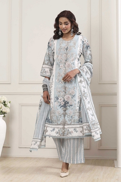 Turquoise Cotton Floral Printed Straight Suit Set