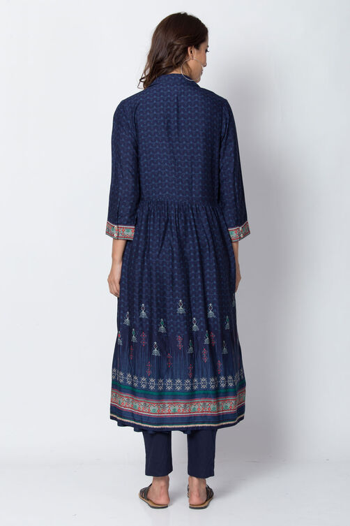 Indigo Viscose Front Open Printed Kurta image number 6