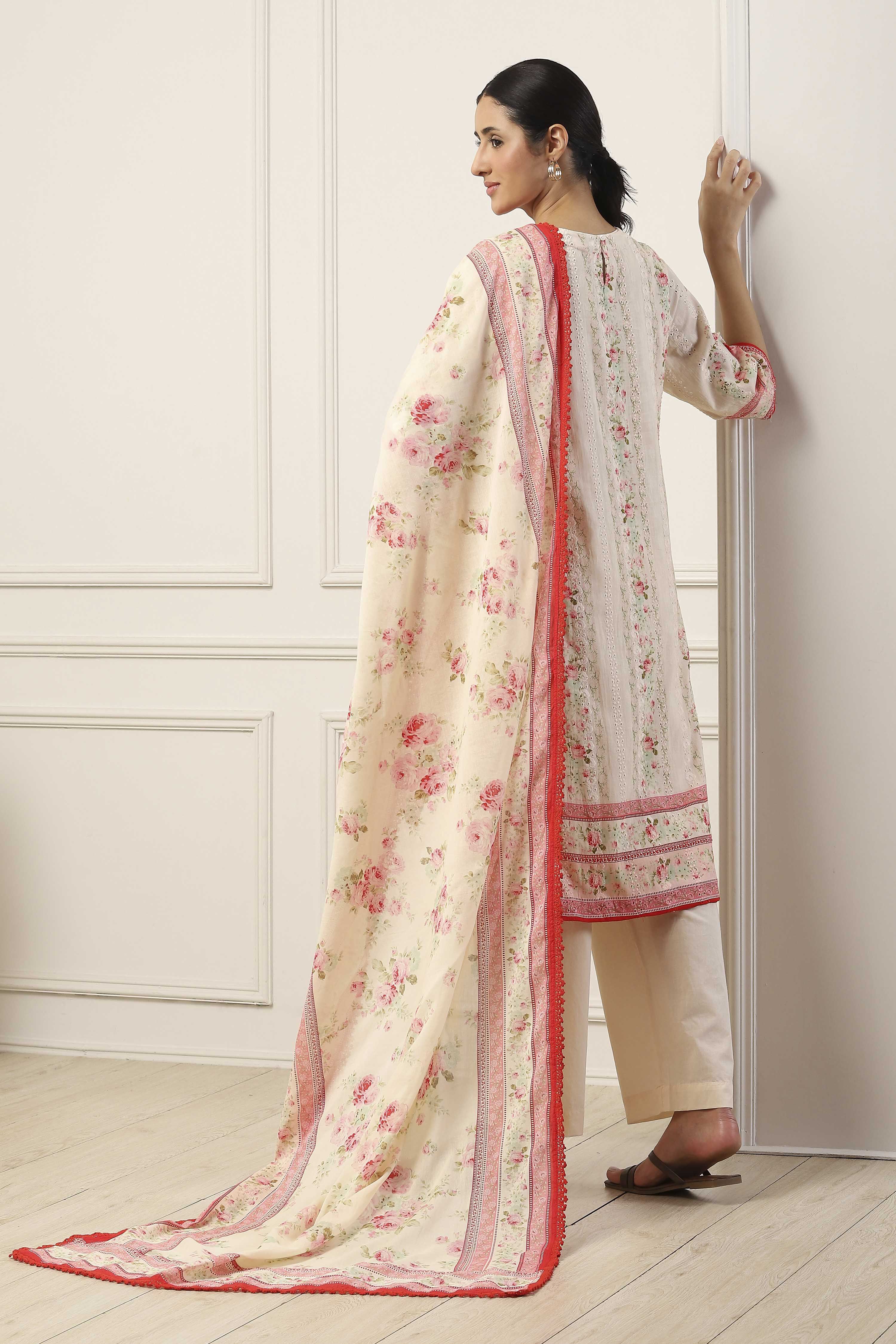 White Cotton Floral Printed A-Line Suit Set image number 4