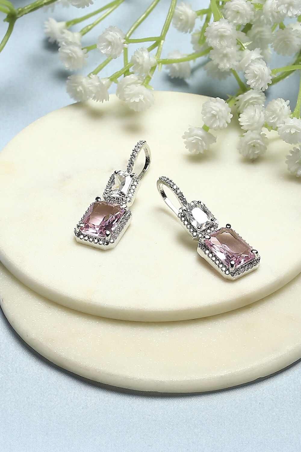 Light Pink Silver-Plated CZ Studded Geometric Danglers image number 0